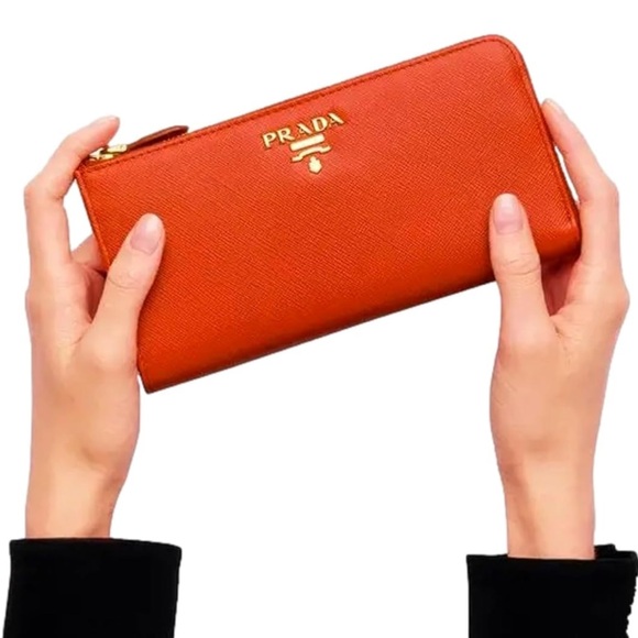 Prada Saffiano Long Continental Zip Wallet Orange Leather Gold Logo - Picture 1 of 13